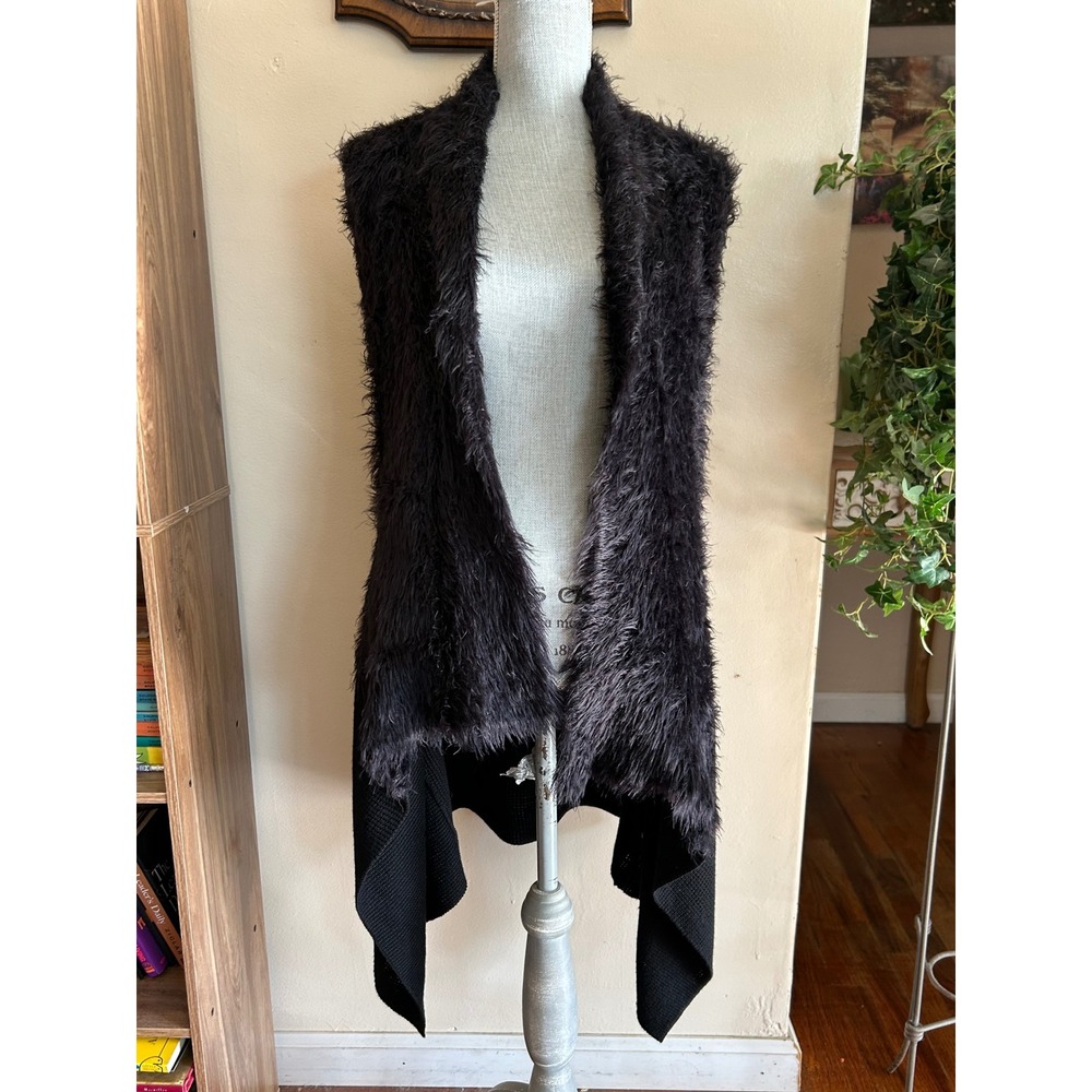 Faux Fur Fluffy Sweater Vest Womens Medium Black Wool Blend Knit whimsigoth EUC
